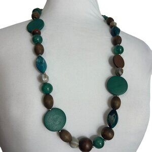Brown Green Wood Beaded Necklace Chunky Discs Round Silver Tone 29" Long